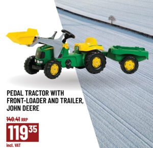 John Deere Pedal tractor with front-loader and trailer