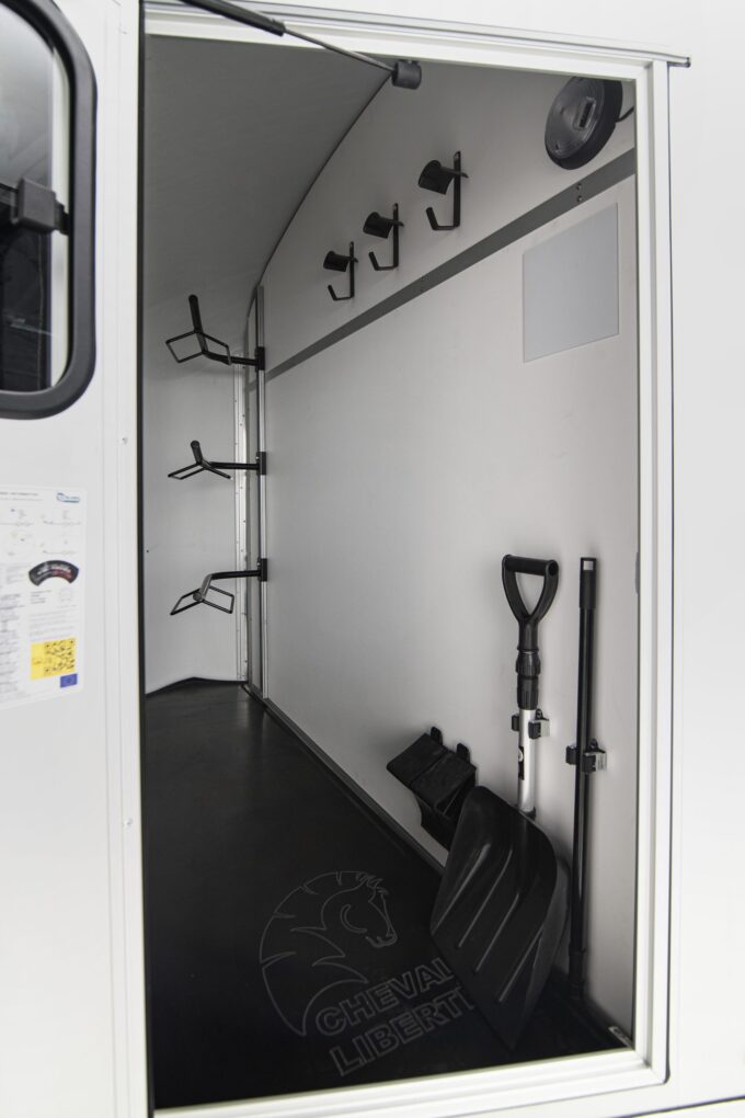 Studio shot of a Cheval Liberté Islandic horse trailer, featuring the Tack Room