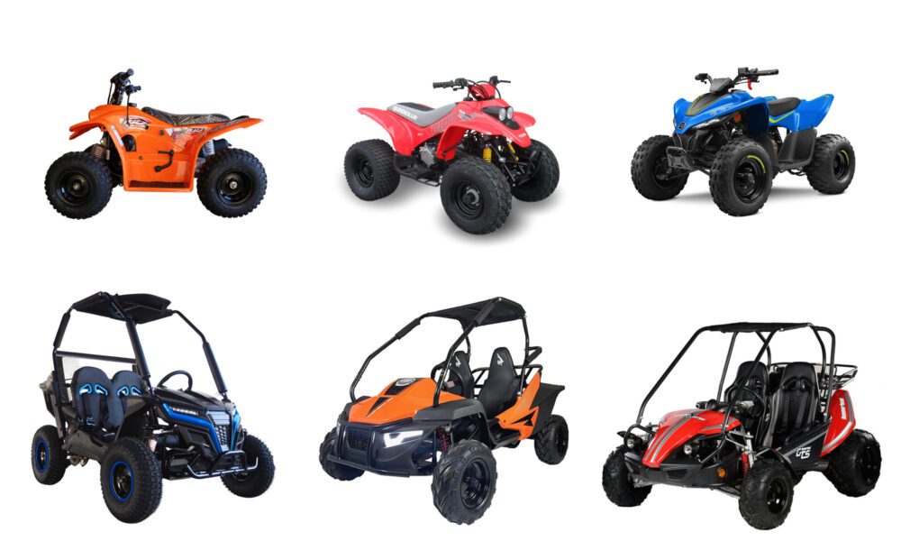 Photo of three junior ATV quad bikes and three junior utv offroad buggies