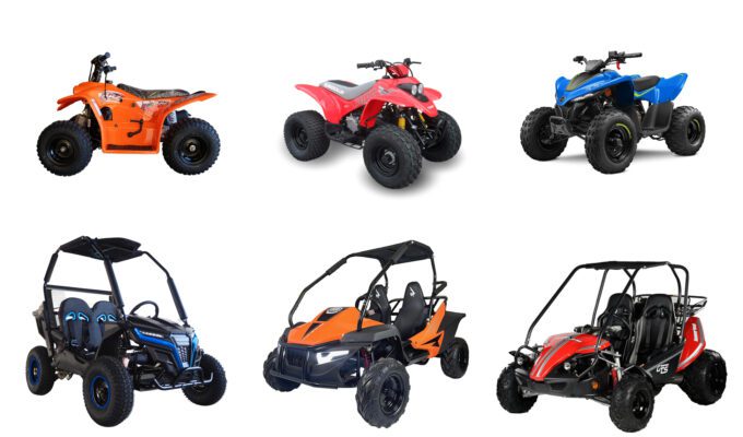 Photo of three junior ATV quad bikes and three junior utv offroad buggies