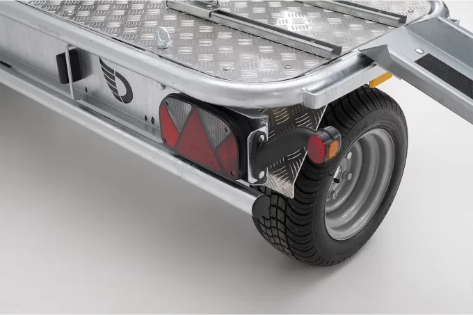 Debon Roadster Camp Transverse Motorcycle Trailer - close-up of wheel and rear lights