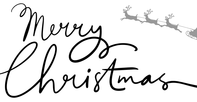 Merry Christmas graphic with Father Christmas and his reindeers in the distance