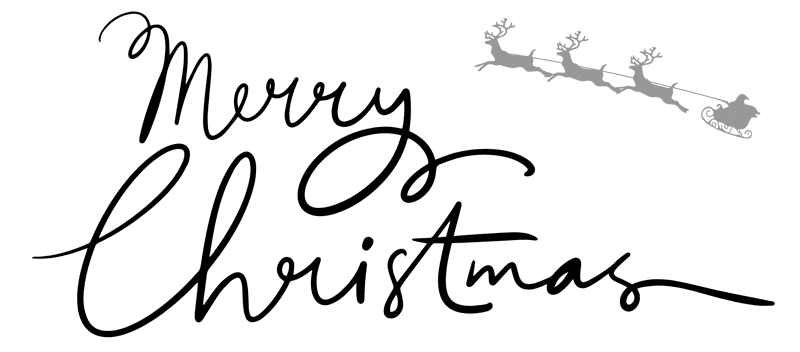 Merry Christmas graphic with Father Christmas and his reindeers in the distance