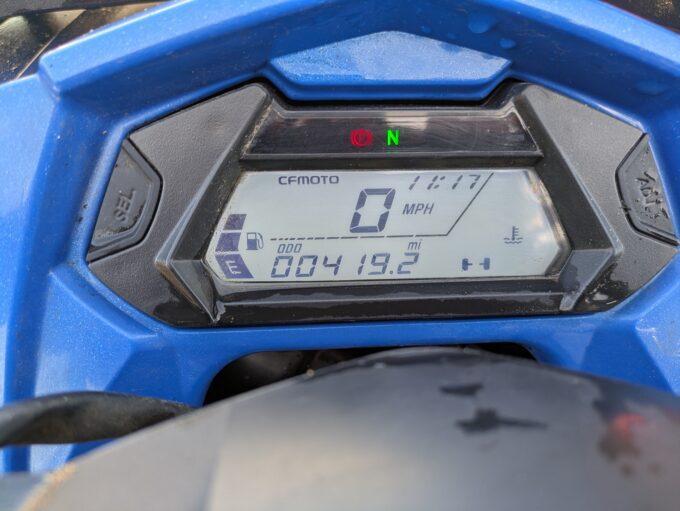 CF Moto 450S showing how many miles clocked