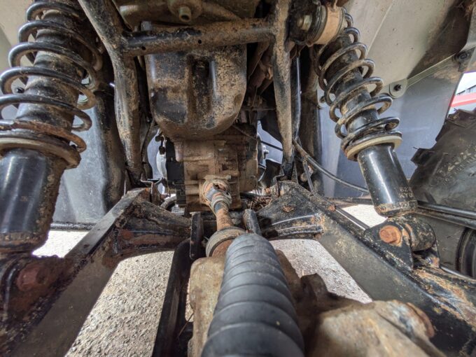 Underneath a Suzuki KingQuad 400 FSi quad bike