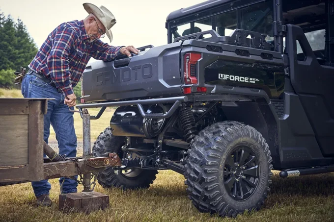 CFMOTO U10 PRO XL utility vehicle being hitched up to trailer