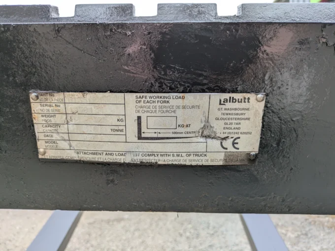 Serial plate on Albutt pallet forks